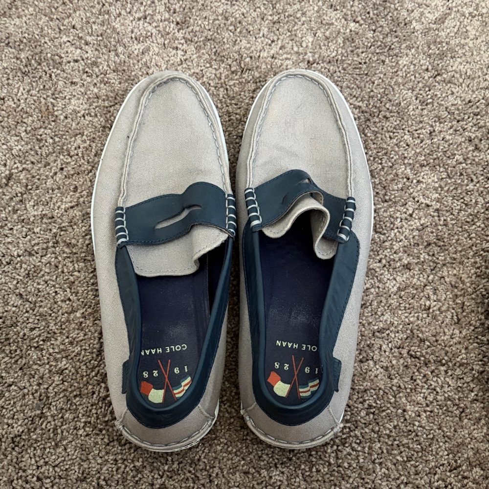 Cole Haan Beige and Navy Boat Loafers